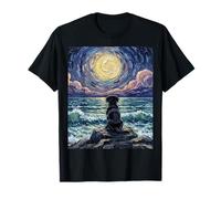 Obra de Arte Black Labrador Starry Night Puppy at The Beach Camiseta