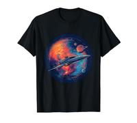 Obra de Arte de la Nave Espacial galáctica con el Planeta Naranja distante Camiseta gráfica económica, Hombre, Negro, S