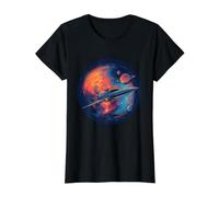 Obra de Arte de la Nave Espacial galáctica con el Planeta Naranja distante Camiseta gráfica económica, Mujer, Negro, S