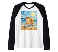 Obra de Arte de Pomerania Starry Night Dog at The Beach Camiseta Manga Raglan