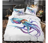 Obra de arte del calamar Funda de Edredón 3 Piezas Microfibra Suave Diseño 3D Cremallera Oculta con Fundas de Almohada Suave Diseño marino en acuarela Funda Edredon for familia Single（135x200cm）
