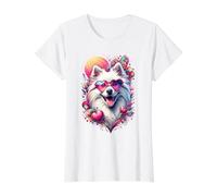Obra de Arte del Día de San Valentín de un Perro Esquimal Americano Camiseta gráfica económica, Mujer, Blanco, S