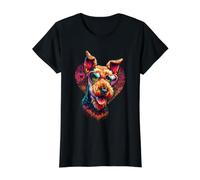 Obra de Arte del Día de San Valentín del Perro Airedale Terrier Camiseta gráfica económica, Mujer, Negro, M
