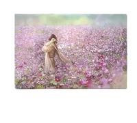 Obra de arte giclée: Jesús sosteniendo un cordero perdido en un campo de flores rosas Arte mural cristiano inspirador para la decoración del hogar y la oficina (80x120cm/31x47in) Sin marco