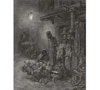 Obra sin título que muestra a la familia pobre de Londres vendiendo productos en la calle en el siglo XIX. Después de una ilustración de Gustave Dor en la edición inglesa de 1873 de Londres: una