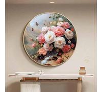 Obras de arte florales para paredes, mural de pared de lujo con paisaje, pintura de esculturas circulares para pared, marco de aleación de aluminio, para sala de estar, dormitorio(A,70 * 70CM)