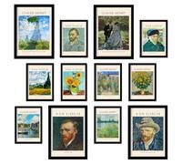 Obras maestras de Van Gogh y Monet: Set de 12 Impresiones - 4 A3, 8 A4 - Estilo de Famosos Pintores - Marcos Negros. Póster de Arte para Decorar Paredes.