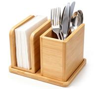 OBreezify Servilletero de madera con organizador de utensilios | Dispensador de servilletas y utensilios de pie, madera de acacia, adecuado para cocina, comedor, restaurante, encimera, mesa