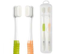 OBrush - Cepillo de dientes suave para dientes y encías sensibles, 20.000 microcerdas microfinas para adultos, embarazadas y ancianos, empaquetado en estuche portátil, color verde y beige, paquete de 2