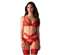 Obsessive Cupide Desir - Conjunto de sujetador, liguero y tanga en color rojo con encaje, detalles de joyería y comodidad, S/M, rojo, S-M