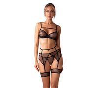 Obsessive Juego de 3 piezas Nuites BH, liguero y tanga en elegante diseño transparente con detalles delicados 2XL/3XL, Negro , XXL-3XL
