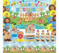 Obussgar Capybara Cumpleaños Party Decoraciones - Suministros para fiestas de Capybara incluyendo pancartas de feliz cumpleaños, espirales, adornos para tartas, piezas centrales de mesa, globos,