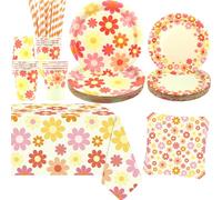 Obussgar Daisy - Decoración para fiestas de cumpleaños con margaritas, incluye platos, vasos, servilletas, manteles, pajitas, para 20 personas (colores)