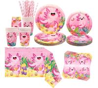 Obussgar Decoración de fiesta de Axolotl rosa - Axolotl Cumpleaños Fiesta Vajilla Accesorios Contiene Platos, Tazas, Servilletas, Mantel, Pajitas - Para 20 Personas