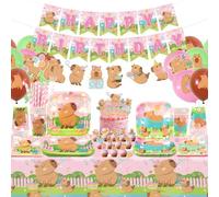 Obussgar Decoración de fiesta de cumpleaños de capibara rosa, accesorios de fiesta de capibara, incluyendo pancartas, platos, decoración para tartas, taza, servilleta, globo, mantel, para 20 personas