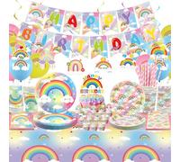 Obussgar Decoraciones de fiesta de cumpleaños de arco iris, suministros de fiesta de arco iris, incluyendo pancarta, plato, decoración de pasteles, taza, servilleta, globo, mantel, sirve 20 (LQ)