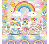 Obussgar Decoraciones de fiesta de cumpleaños de arco iris, suministros de fiesta de arco iris, incluyendo telón de fondo, plato, decoración de pasteles, taza, servilleta, globo, mantel, sirve 20 (BJ)