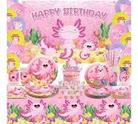 Obussgar Decoraciones de fiesta de cumpleaños de Axolotl rosa - Accesorios para fiestas de Axolotl incluyendo fondo, platos, decoración para tartas, taza, servilleta, globo, mantel, para 20 personas
