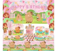 Obussgar Decoraciones de fiesta de cumpleaños de Capibara rosa, suministros de fiesta de Capybara que incluyen telón de fondo, plato, decoración de tartas, vasos, servilletas, globos, mantel, sirve 20