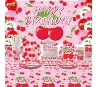Obussgar Decoraciones de fiesta de cumpleaños de cereza, suministros de fiesta de cereza, incluyendo pancarta, plato, decoración de pasteles, taza, servilleta, globo, mantel, sirve 20 (BJ)