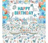 Obussgar Decoraciones de fiesta de cumpleaños de conchas - Suministros de fiesta de conchas que incluyen telón de fondo, plato, decoración de pasteles, taza, servilleta, globo, mantel - sirve 20 (BJ)