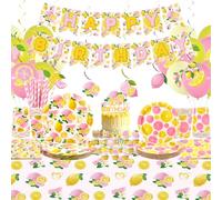 Obussgar Decoraciones de fiesta de cumpleaños de limón para niña, suministros de fiesta de limón rosa, incluyendo pancarta, plato, decoración de pasteles, taza, servilleta, globo, mantel, sirve 20 (LQ