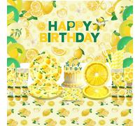 Obussgar Decoraciones de fiesta de cumpleaños de limón, suministros de fiesta de limón, incluyendo telón de fondo, plato, decoración de pasteles, taza, servilleta, globo, mantel, sirve 20 (BJ)