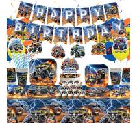 Obussgar Decoraciones de fiesta de cumpleaños de Monster Truck - Suministros de fiesta de Monster Truck incluyendo pancarta, plato, decoración de pasteles, taza, servilleta, globo, mantel - sirve 20