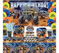 Obussgar Decoraciones de fiesta de cumpleaños de Monster Truck - Suministros de fiesta de Monster Truck incluyendo pancarta, plato, decoración de pasteles, taza, servilleta, globo, mantel - sirve 20