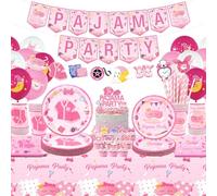 Obussgar Decoraciones de fiesta de cumpleaños de pijama, suministros de fiesta de pijama, incluyendo pancarta, plato, decoración de pasteles, taza, servilleta, globo, mantel, sirve 20 (LQ)