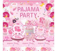 Obussgar Decoraciones de fiesta de cumpleaños de pijama, suministros de fiesta de pijama, incluyendo telón de fondo, plato, decoración de pasteles, taza, servilleta, globo, mantel, sirve 20 (BJ)