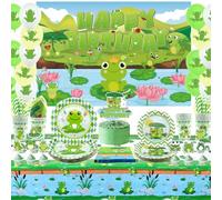 Obussgar Decoraciones de fiesta de cumpleaños de rana, suministros de fiesta que incluyen telón de fondo, platos, adornos para pasteles, tazas, servilletas, globos, mantel para baby shower, sirve 20