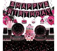Obussgar Decoraciones de fiesta de cumpleaños rosa y negro, suministros de fiesta de color rosa y negro, incluyendo pancarta, platos, adornos para tartas, tazas, servilletas, globos, mantel, sirve 20
