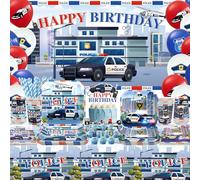 Obussgar Decoraciones de fiesta de policía, suministros para fiestas de policía, incluyendo telón de fondo, plato, decoración de pasteles, taza, servilleta, mantel, sirve 20 (BJ)