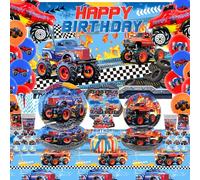 Obussgar Monster Truck Cumpleaños Party Decoraciones - Monster Truck Party Accesorios incluyendo telón de fondo, platos, tazas, servilletas, manteles, globos, para 20 invitados