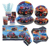 Obussgar Monster Truck Cumpleaños Party Decoraciones - Suministros para fiestas de Monster Truck incluyendo platos, tazas, servilletas, pajitas y mantel (20)