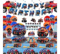 Obussgar Monster Trucks decoraciones para fiesta de cumpleaños, suministros que incluyen pancartas, platos, vasos, etc, fiesta de cumpleaños temática de caballos niñas y niños, sirve para 20 invitados