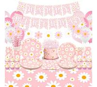 Obussgar Pink Daisy Decoraciones de Fiesta de Cumpleaños para Niñas - Accesorios para Fiesta de Daisy incluyendo pancartas, platos, decoración de pasteles, vasos, servilletas, globos, manteles, para