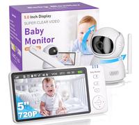 OBVHNUA Monitor de Bebé con Cámara de 5'', Monitor de Bebé con Pantalla HD de 720P y Visión Nocturna Panorámica e Inclinable, Zoom de 2X a 4X, Modo VOX, Intercomunicador, 8 Canciones de Cuna