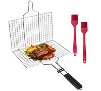 OBYCPIN Cesta de Barbacoa de Acero Inoxidable - Plegable y Portátil, 32 x 22 CM, con 2 Cepillos de Silicona y Bolsa Oxford, Ideal para Pescado, Carne y Verduras