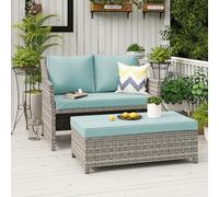 OC Orange-Casual Juego de 2 muebles de mimbre para patio al aire libre y mesa auxiliar, con contenedor de almacenamiento integrado, ratán gris, cojines verdes