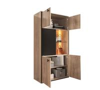 OCACA Combinación de armario de aspecto de madera con estructura negra: puertas dobles superiores, puertas correderas medianas con estante abierto y compartimentos inferiores, ideal para archivos