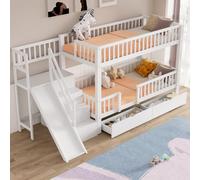 OCACA Litera para niños, cama doble, cama infantil multifuncional, con tobogán y escaleras, con 2 cajones, con puerta magnética, sin colchón, madera maciza, color blanco, 90 x 200 cm