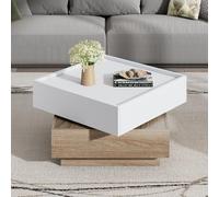OCACA Mesa funcional para salón, mesa giratoria de 360°, mesa giratoria con 2 niveles y armario de almacenamiento, mesa auxiliar con marco de nogal para el salón, 60 x 60 x 38 cm (natural)