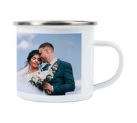 Ocadeau Taza esmaltada personalizada con foto - Taza metálica vintage con borde plateado - Mug retro para personalizar ideal camping
