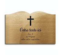 OCAP-FUNERAIRE.COM Placa grabada funeraria, diseño de cruz cristiana autoadhesiva, modelo libro (20 x 13 cm) personalizado 1 a 3 líneas oro cepillado