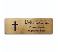 OCAP-FUNERAIRE.COM Placa grabada funeraria, diseño de cruz cristiana autoadhesiva, modelo rectángulo (30x10 cm) personalizado 1-3 líneas oro cepillado