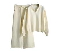 OCCOKO Conjunto De Punto De Color Sólido para Mujer Suéter De Cuello Suelto para Mujer Pantalones De Pierna Ancha Temperamento Conjunto (Beige, A)