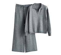 OCCOKO Conjunto De Punto De Color Sólido para Mujer Suéter De Cuello Suelto para Mujer Pantalones De Pierna Ancha Temperamento Conjunto (Grey, A)