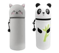 Occupaternm Funda de silicona suave, estuche 2 en 1, soporte para lápices de animales, soporte para lápices de mesa, estuche para lápices de pie, bonito estuche para niños y niñas, Panda Bambú + Gato